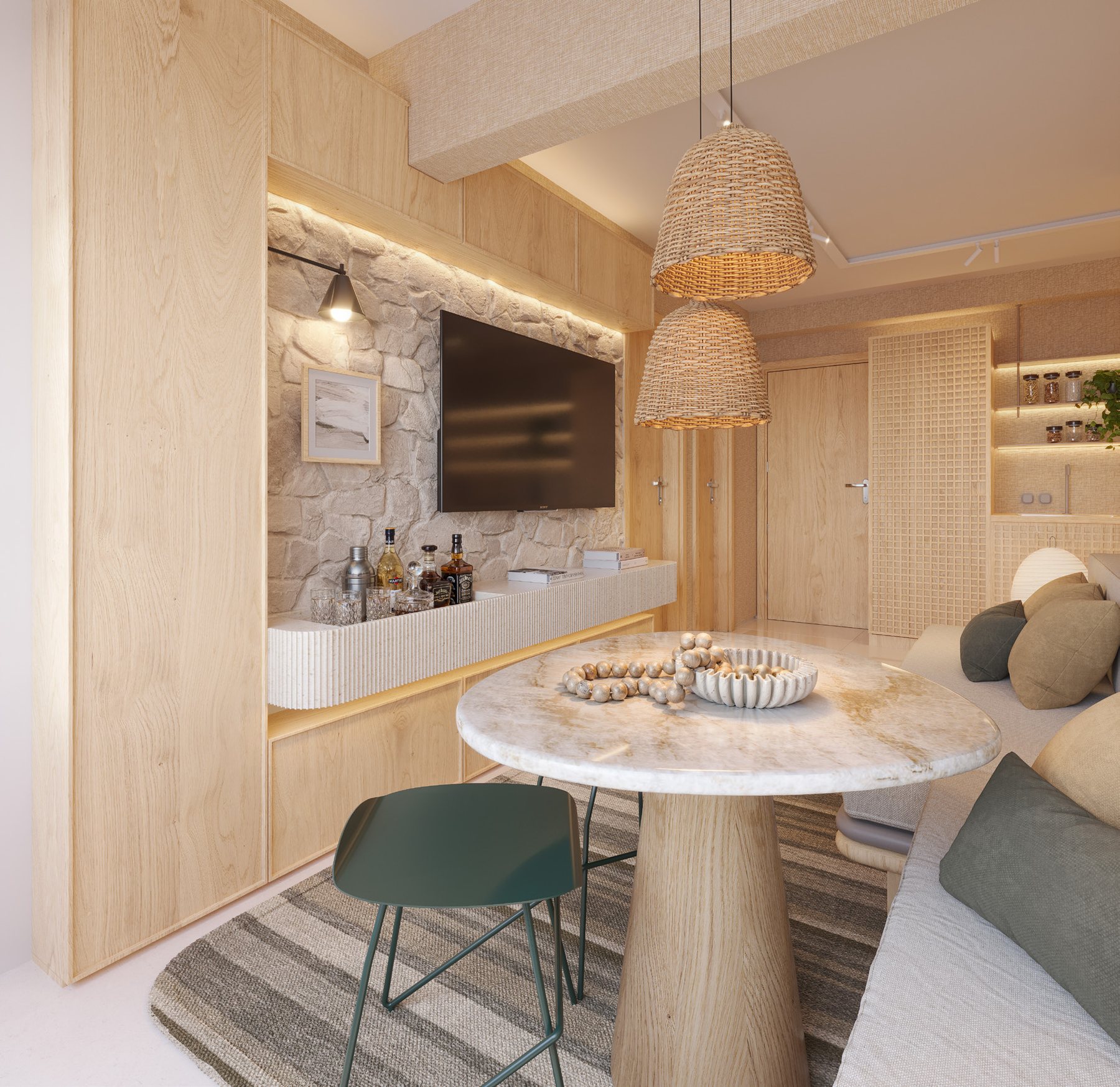 Living decorado com painel em madeira