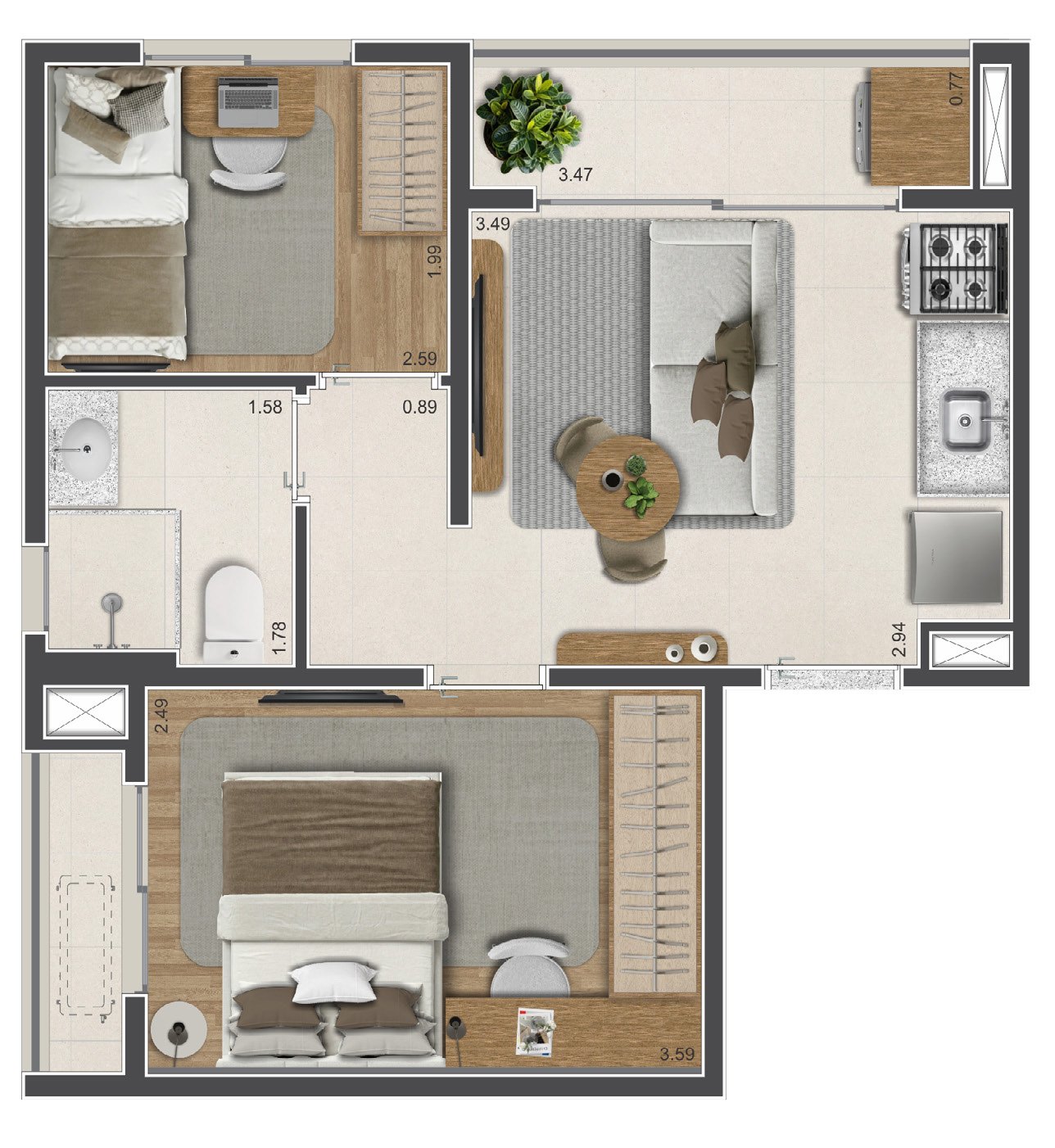 Planta 39m² — 2 dorms.