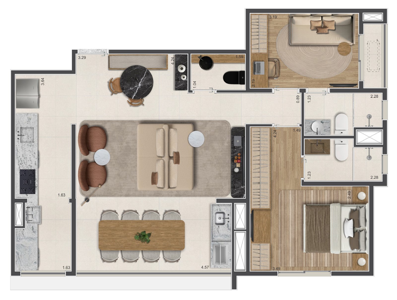 Planta 75m² — 2 suítes